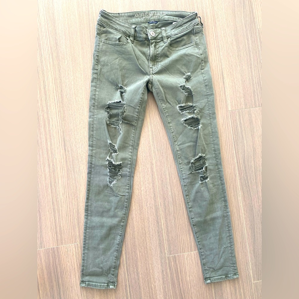 Green Jeans with Holes - Stretch Skinny